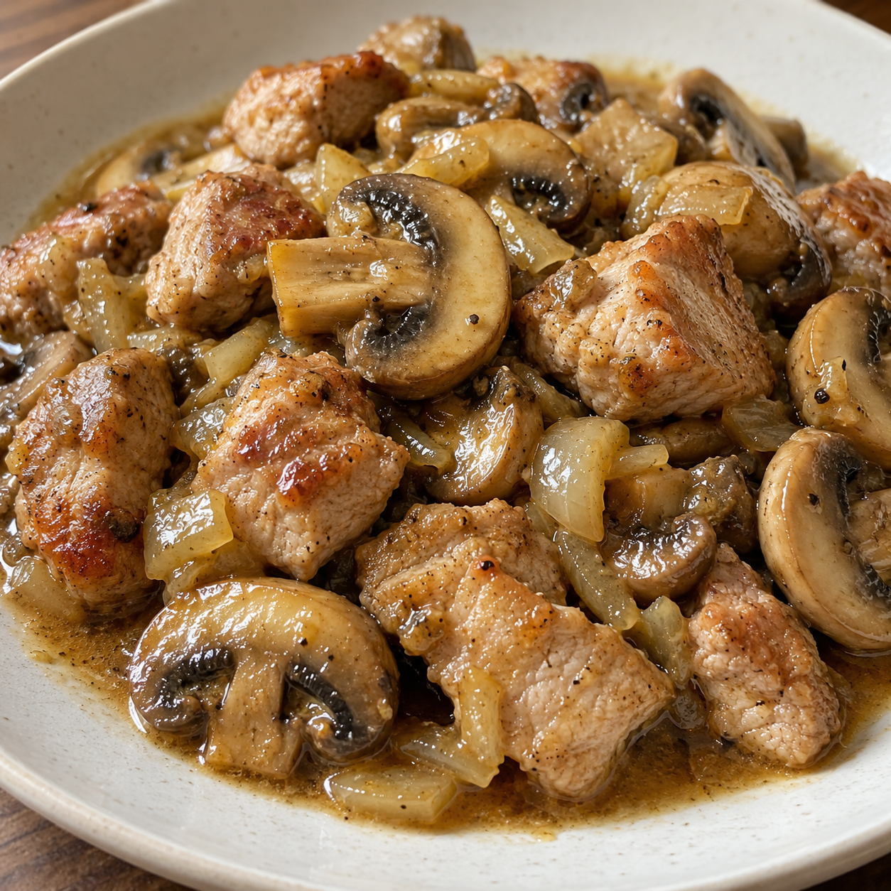 Свинина тонкими полосками с шампиньонами, луком и лёгкой подливой
