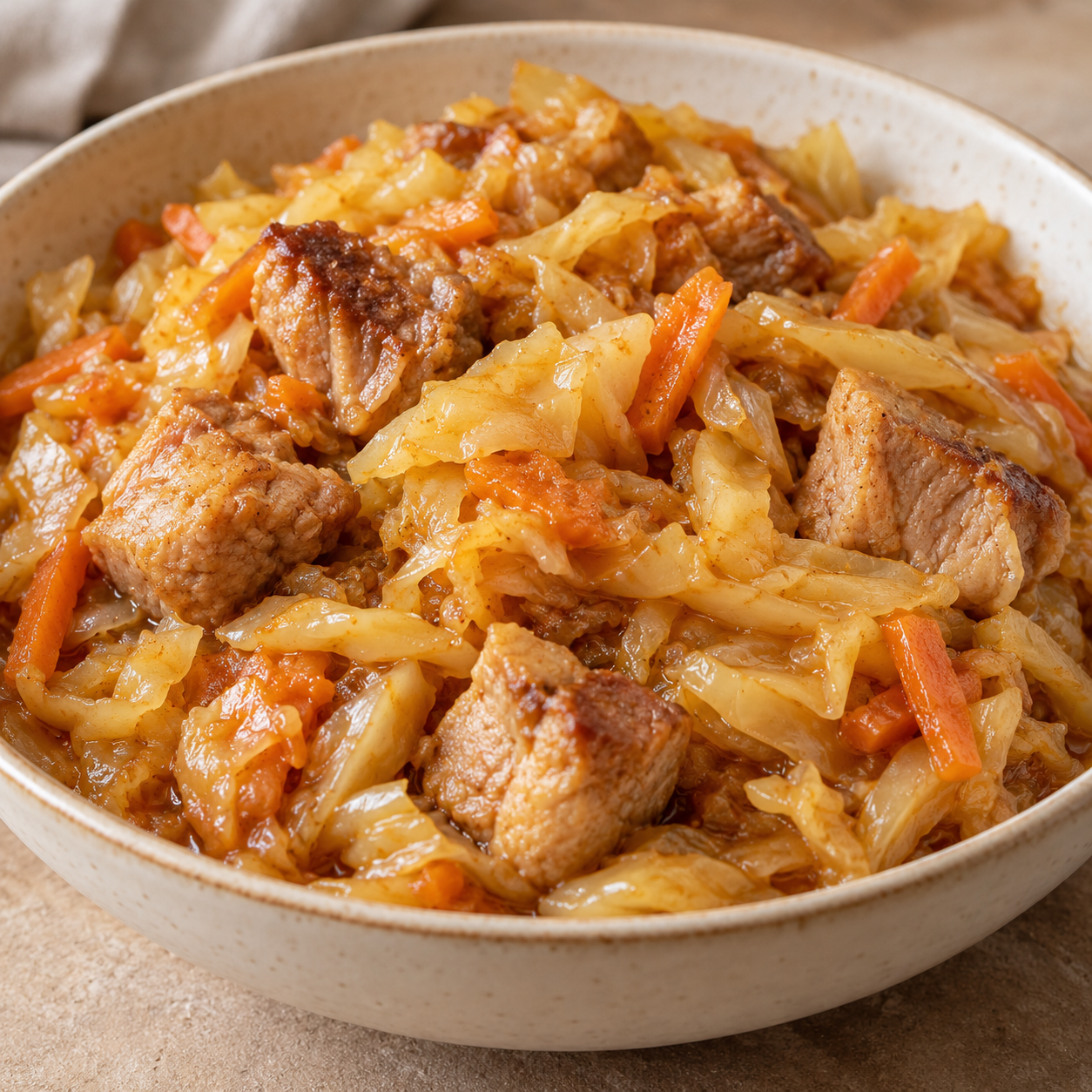 Тушёная свинина с белокочанной капустой, луком и морковью