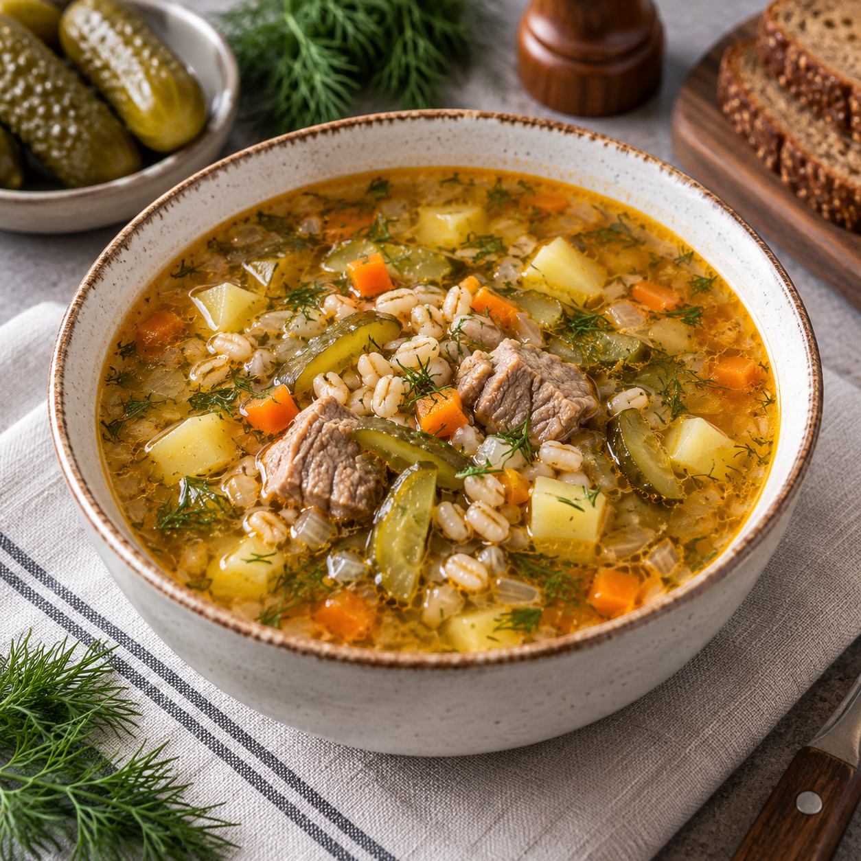 Рассольник с перловкой