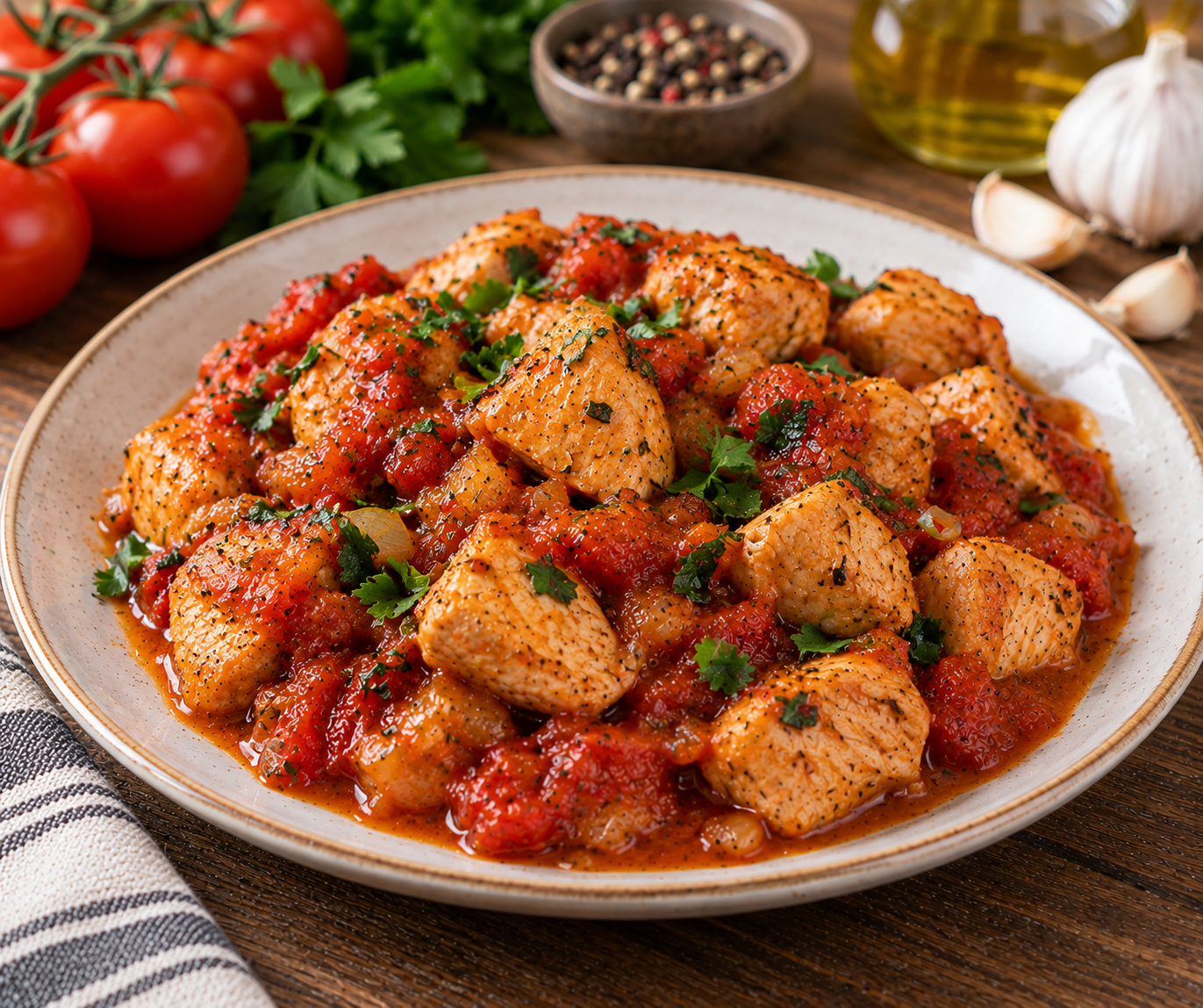 Кусочки индейки в густом томатном соусе с овощами