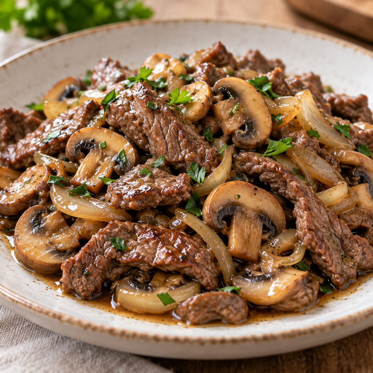 Говядина с обжаренными шампиньонами и луком на тарелке