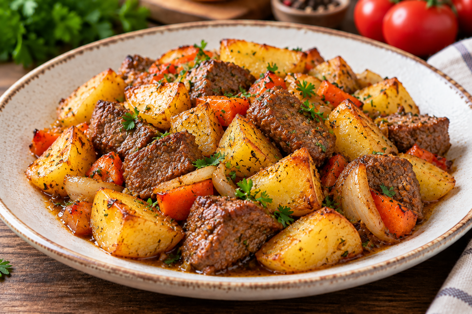Запечённая говядина с картофелем, морковью и луком